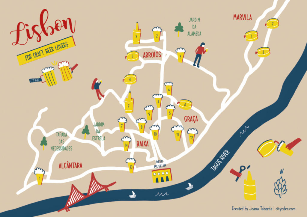 Travel Illustration: Lisbon Craft Beer Map designed by Joana Taborda