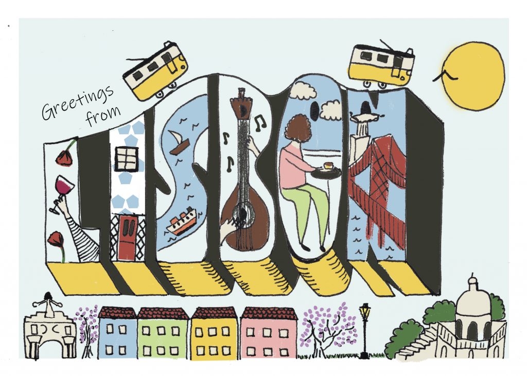 Lisbon illustrated postcard designed by Joana Taborda